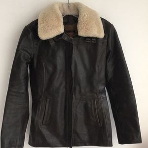 Moto Biker Aviator Leather Jacket Faux Fur Collar  Size Small
